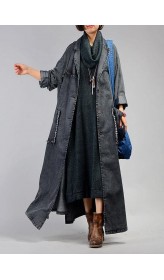 New plus size maxi coat fall denim black Notched Large pockets coat for woman