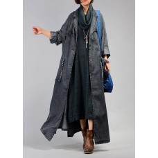 New plus size maxi coat fall denim black Notched Large pockets coat for woman New plus size maxi coat fall denim black Notched Large pockets coat for woman