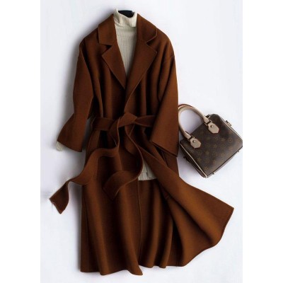 Luxury Oversize Trench Coat  Coat Brown Notched Tie Waist Woolen Coat Women