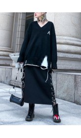 Pullover black knitted Loose fitting v neck Hole knit tops