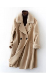 boutique beige Woolen Coats oversize medium length jackets fur collar coat double breast