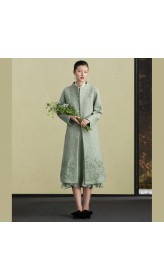 Fashion light green woolen outwear trendy plus size stand collar winter jackets embroidery women coats